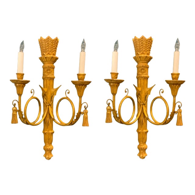 Myran Allan Luxury Lighting Italian Carved Wood Gold Wall Sconces - A Pair For Sale