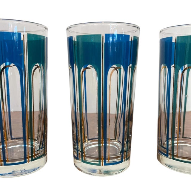 Vintage Mid-Century Modern Blue Geometric Highball Glasses - Set of 5 For Sale - Image 4 of 10