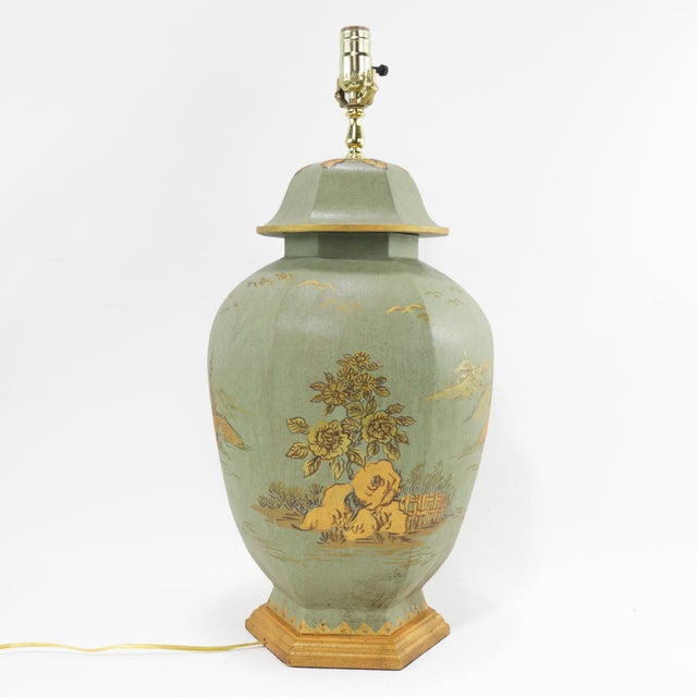 Late 20th Century Pair of Green Hand-Painted Chinoiserie Tole Table Lamps With Pagoda and Landscape Design For Sale - Image 5 of 12