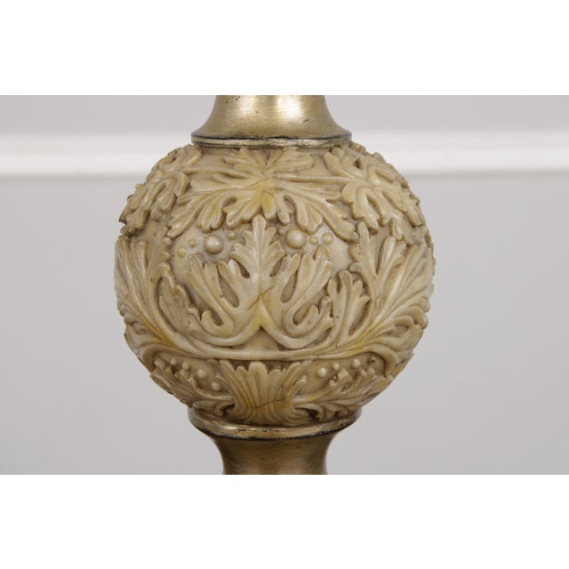 Gold Pair Uttermost Acanthus Leaf Carved Urn Lamps For Sale - Image 8 of 16