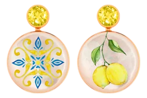 Citrine, Mediterranean Ornament, Lemon Painting, Mismatched Earrings Studs, A Pair