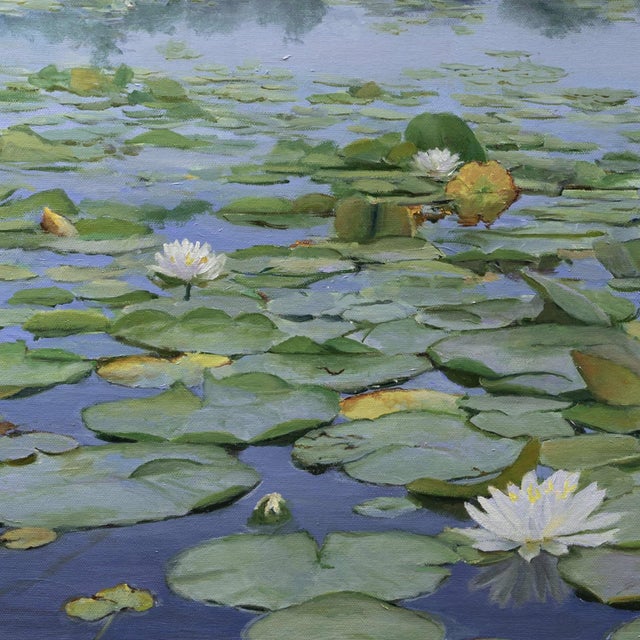 Impressionist The Lily Pond by Sheri Farabaugh | Oil on Canvas Landscape with lily pads and flowers on water For Sale - Image 3 of 5