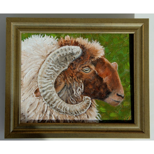 An oil painting of a horned ram sheep, in earth tones antique white, beige, sepia and burnt orange, painted in a textured...