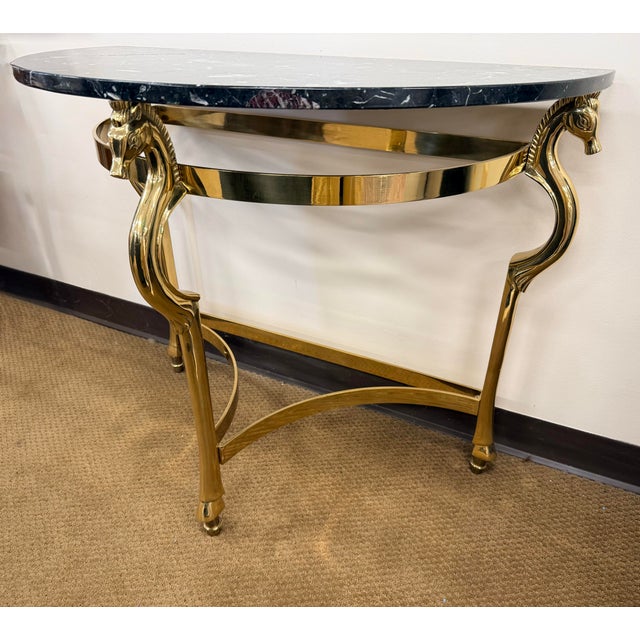 Maison Jansen Style Brass and Black Marble Demilune Console Table For Sale In New York - Image 6 of 6