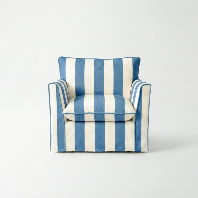 Sophie Conran Coco Armchair - Cornish Blue Wide Stripes with Knife Edge Cushion For Sale - Image 4 of 4