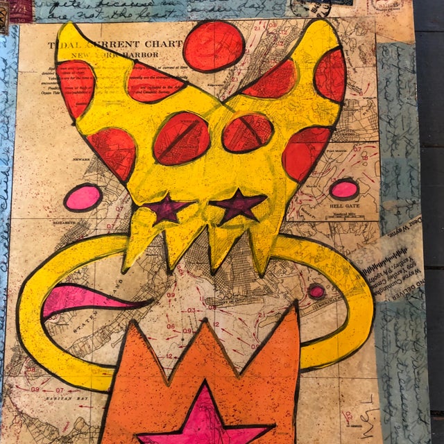 Original Vintage Abstract Wayne Cunningham Goliath Over Ny Harbor Map Collage/Painting For Sale - Image 4 of 7