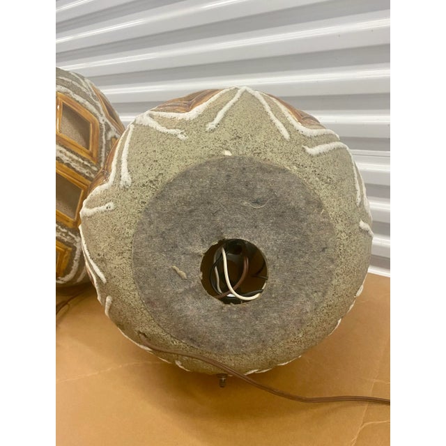 Textile 70s Large Brutalist Ceramic Table Lamps a Pair For Sale - Image 7 of 13