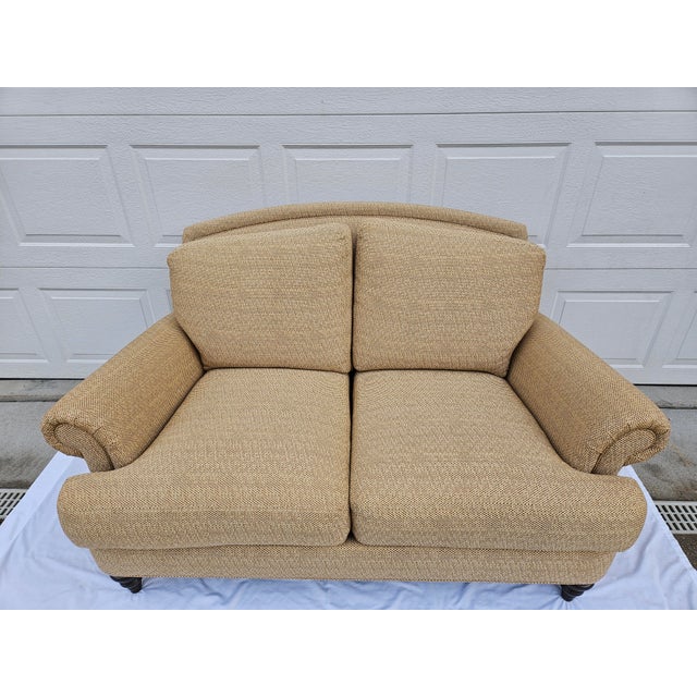 Ethan Allen Tan Rolled Arm Down Filled Loveseat For Sale - Image 6 of 17