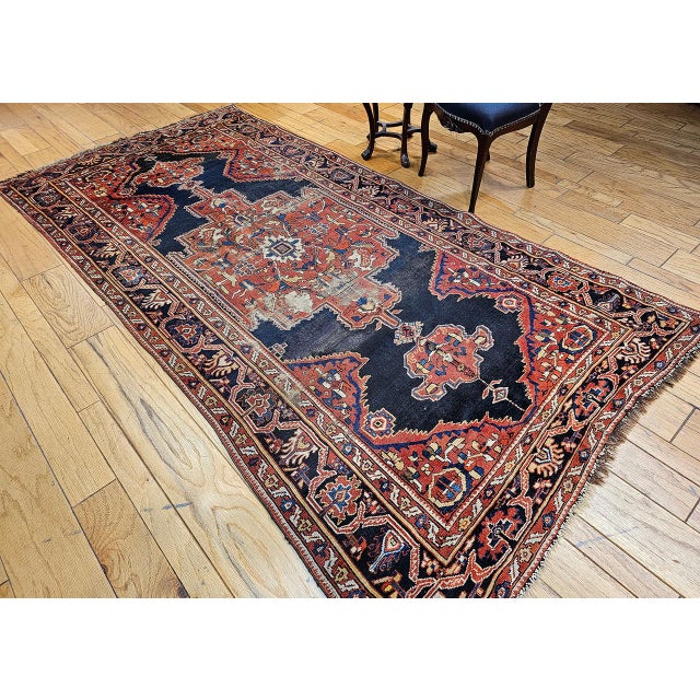 Persian 19th Century Persian Farahan Gallery Rug, Hand-Knotted Wool, Geometric Pattern, Red & Navy, 5x10 For Sale - Image 3 of 17