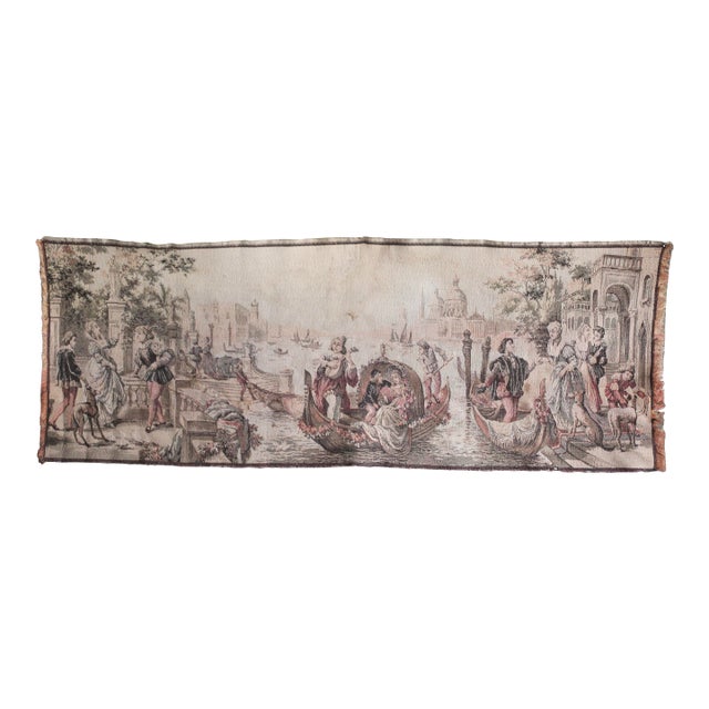 Belgian Antique Long Tapestry of a Canal Scene For Sale