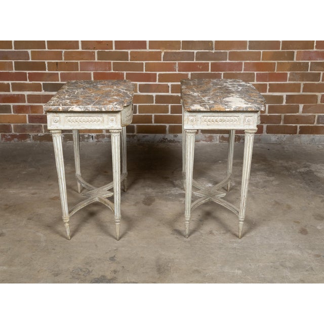Off-white Pair of French Louis XVI 18th Century Painted Console Tables with Marble Tops For Sale - Image 8 of 12