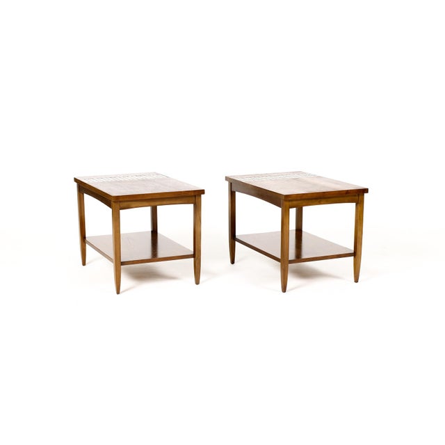 Mid Century Vintage Attributed to Lane Monte Carlo Walnut Rectangular End Tables — Tile Top Inlay — Pair For Sale - Image 4 of 7