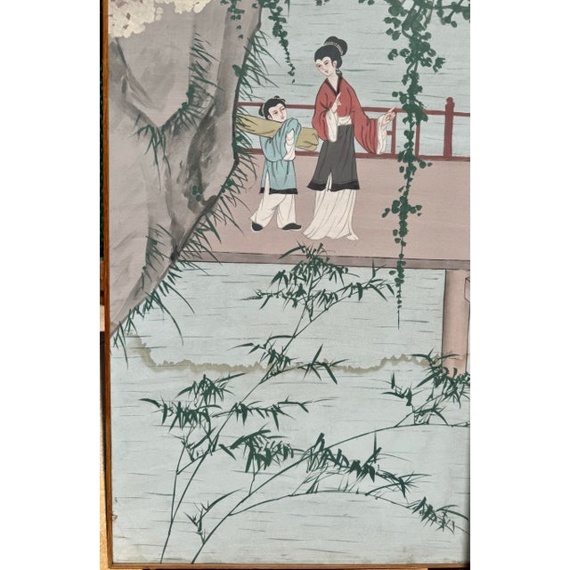 Blue Grand-Scale Chinese Hand-Painted 6 Panel Folding Screen Room of Waterfront Village For Sale - Image 8 of 11