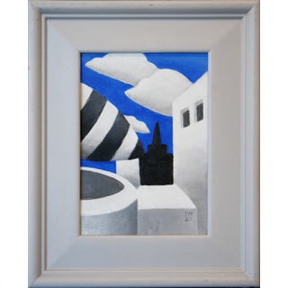 Scott Woodard "Puffy City Night Scape" Blue, White, Gray & Black Contemporary Surreal Painting, 2022 For Sale