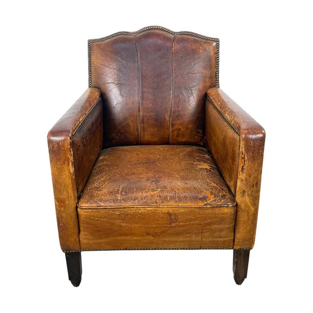 Antique French Moustache Cognac Leather Club Chair, 1920s For Sale - Image 13 of 13