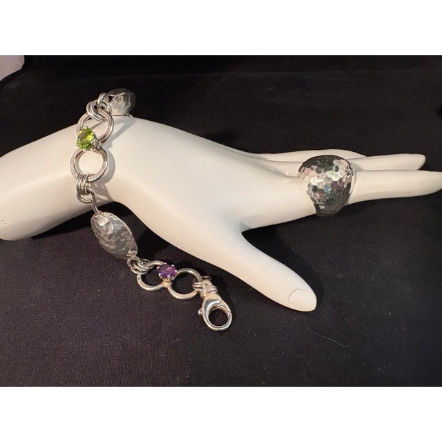 Late 20th Century Late 20th Century Set of Hammered Sterling Silver Multi Gemstone Bracelet & Dome Ring. 2 Pieces For Sale - Image 5 of 12