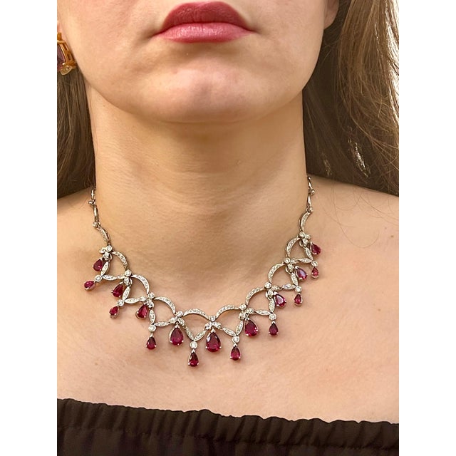 18 Carat Tear Drop Rubelite and Diamonds Necklace 14 Karat White Gold For Sale - Image 13 of 18