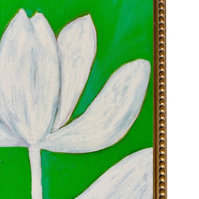Original Framed Floral Tulip Painting, Green Floral Wall Art, Oil on Canvas in Gold Frame, 13x13 by Tatiana Duperault For Sale - Image 4 of 5