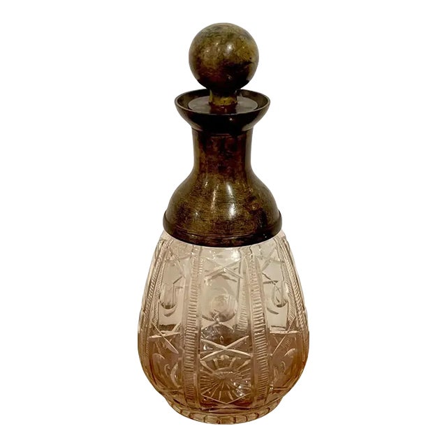 Mid 20th Century French Modern 'X&o' Cut Glass & Patinated Bronze Decanter, Smaller For Sale