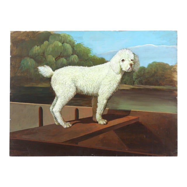 Wood Vintage Oil Painting on Wood Panel – White Poodle in a Punt River Landscape For Sale - Image 7 of 8
