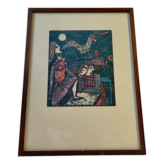 Seppo Mattinen, Naive Lithographic Woodcut in Colors, 1970s For Sale