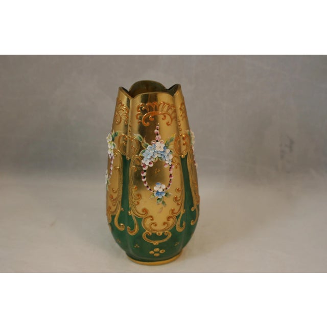 Paint Antique Handcrafted Bohemian Art Glass Green Glass & Gold Gilt Vase With Enamel Flowers For Sale - Image 7 of 11