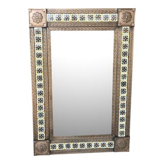 Circa 2006 Mexican Bronzed Hojalata (Tin Art Work) & Talavera Tile Mirror For Sale