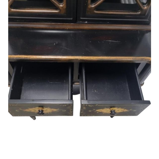 1980s Vintage Pagoda Black Chinoiserie Glass Front Storage Curio Cabinet For Sale - Image 5 of 17
