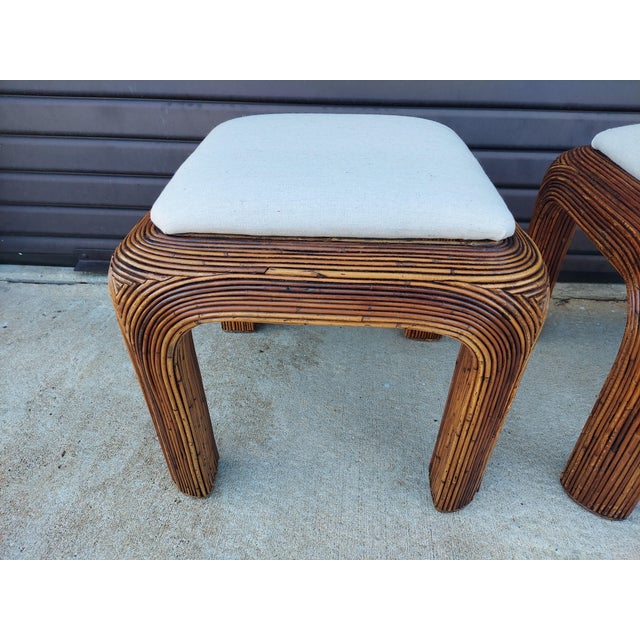1970s Pair of Mid Century Modern Pencil Reed Rattan Stools For Sale - Image 11 of 12