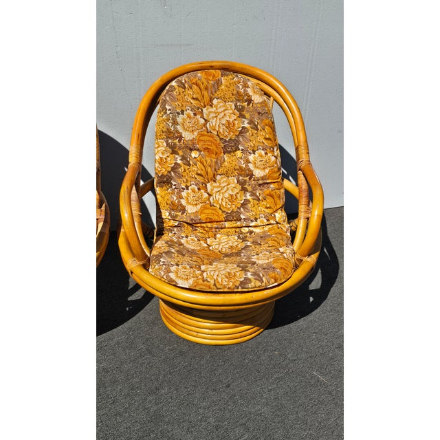 1970s 1970's Pair of Vintage Bamboo Rattan Mid Century Modern Swivel Orange Chairs For Sale - Image 5 of 18