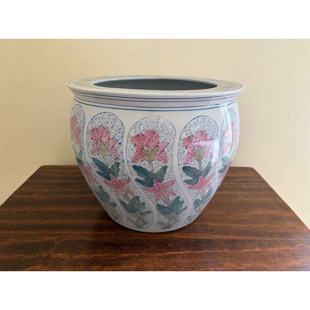 Vintage Chinoiserie Blue, Pink & Green Floral Ceramic Fishbowl Planter For Sale - Image 10 of 10