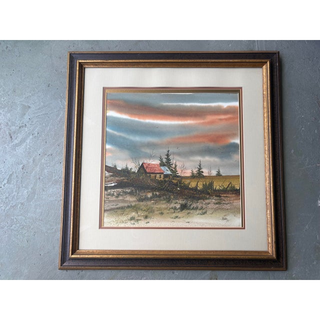 Farmhouse Dwane Taylor 1979 Original Watercolor Rural Winter Landscape, Framed For Sale - Image 3 of 9