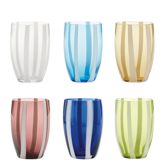 Elegant tumblers characterized by white glass paste bands applied to bright colors making them similar but always unique....