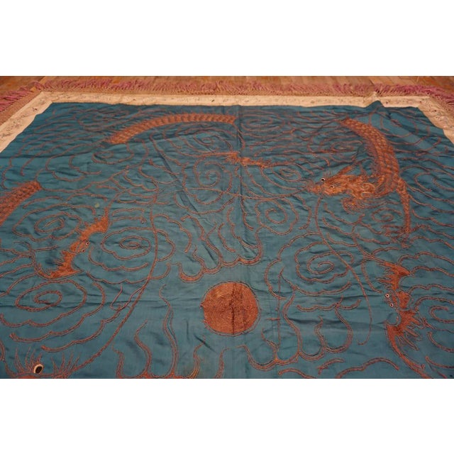 Textile Majestic Teal Blue Color Background With Dragons Patters Desing Antique Chinese Textile Rug For Sale - Image 7 of 9