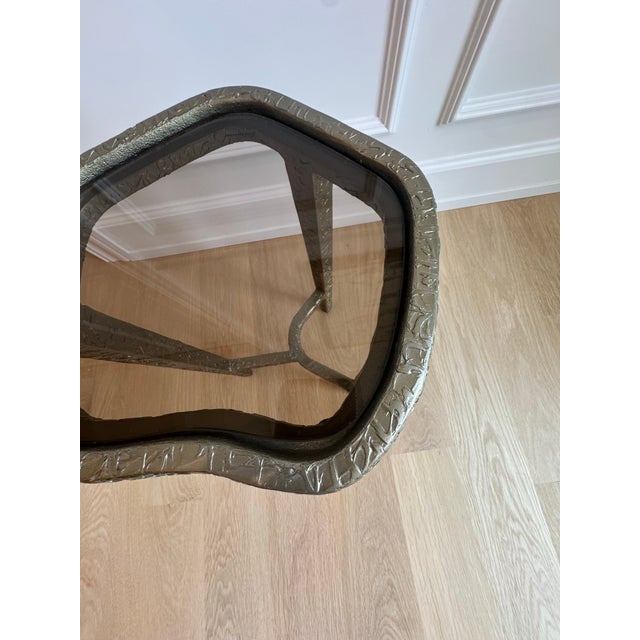 Vintage Caracole Modern “Contour” Sculptural Textured Metal & Tinted Glass Side / Drinks Table – Neiman Marcus For Sale - Image 10 of 12