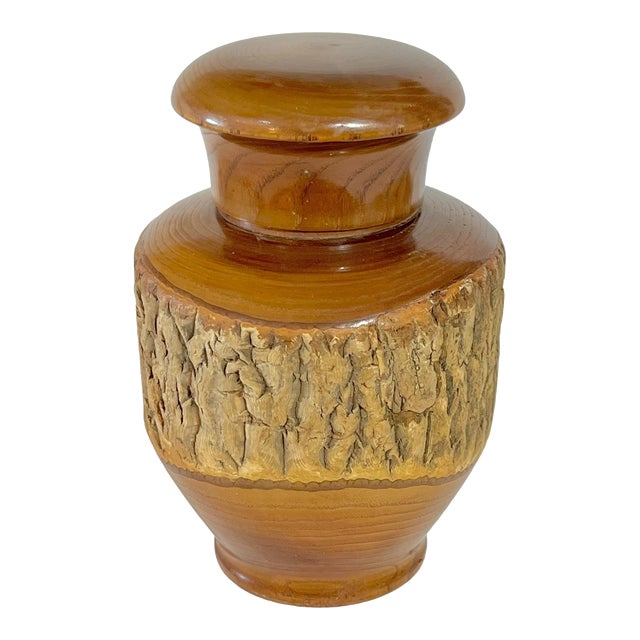 Vintage Japanese Treen Tea Caddy Carved Wood Bark For Sale