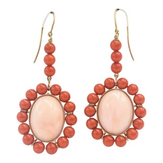 Late 20th Century Orange and Pink Angel Skin Coral Dangling Drop Gold Earrings - 2 Pieces For Sale