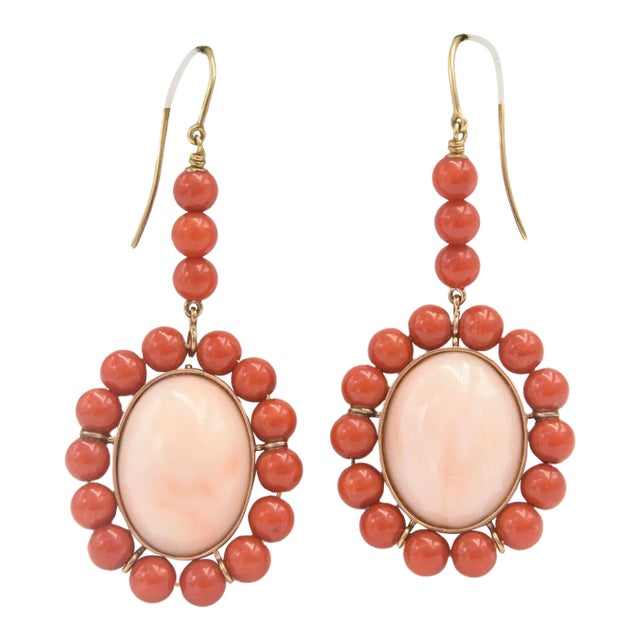 Late 20th Century Orange and Pink Angel Skin Coral Dangling Drop Gold Earrings - 2 Pieces For Sale