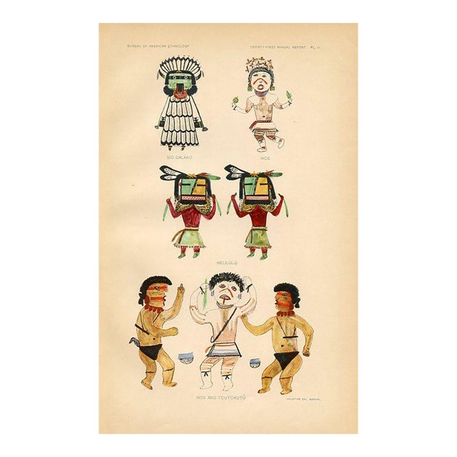 Early 1900s, Hopi Indian Kachina Print, Rain Kachina, Original Antique Native American Lithograph For Sale