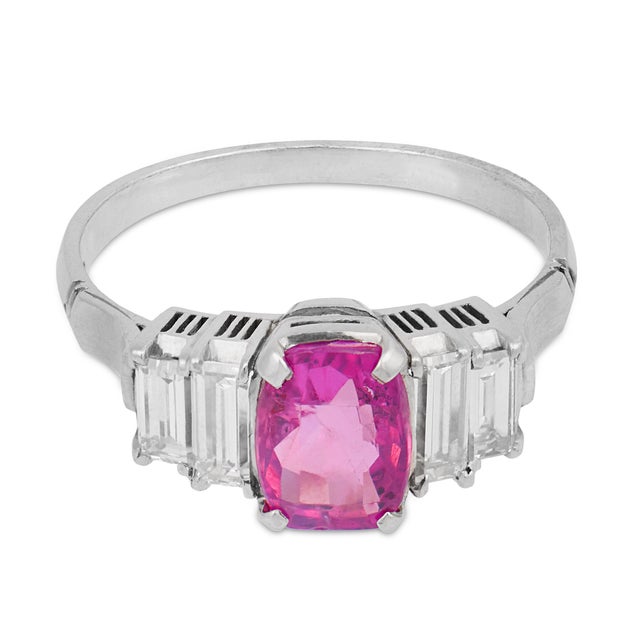 Contemporary Vintage Pink Sapphire Diamond Platinum Ring, Size 5.5 For Sale - Image 3 of 7