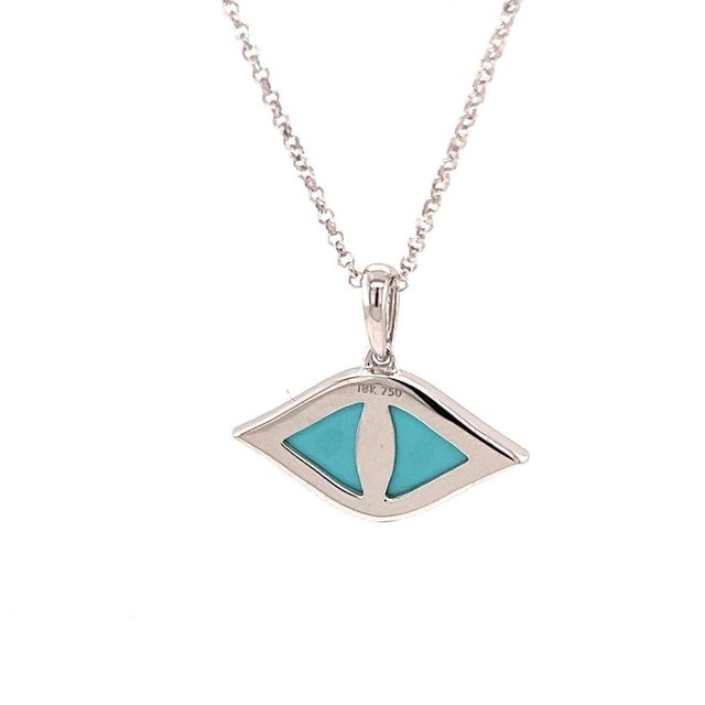 Mid 20th Century Diamond Turquoise Sapphire 18k White Gold Evil Eye Pendant Necklace For Sale - Image 4 of 8