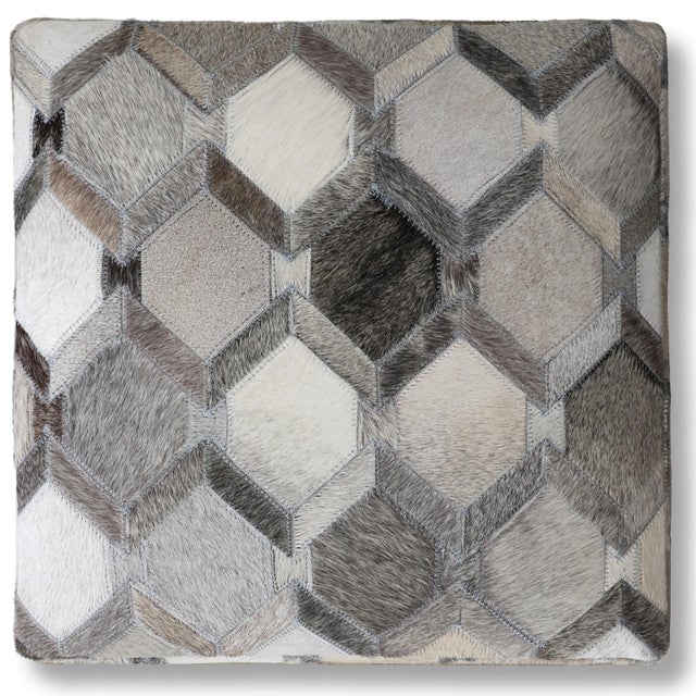 Handmade Diamond Patchwork Cowhide Leather Ottoman Pouf 18x18x18 in Neutral For Sale - Image 4 of 5