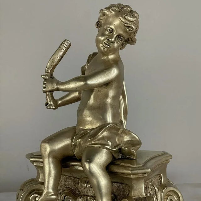 Bronze Pair of Early 19th Century French Bronze Doré Cherub Statues For Sale - Image 8 of 15