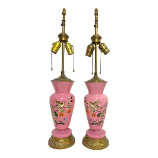 Early 20th Century Pink Bristol Glass Lamps With Hand Painted Bird Designs- a Pair For Sale