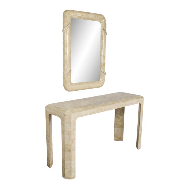 Late 20th Century Modern Tessellated Travertine Console or Sofa Table & Wall Mirror Set Made in Philippines For Sale