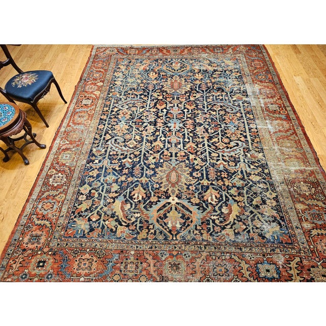 Antique Persian Heriz Serapi Rug, Hand-Knotted Wool, Allover Tree of Life Pattern, Blue & Brick-Red, 9x12 For Sale - Image 11 of 18