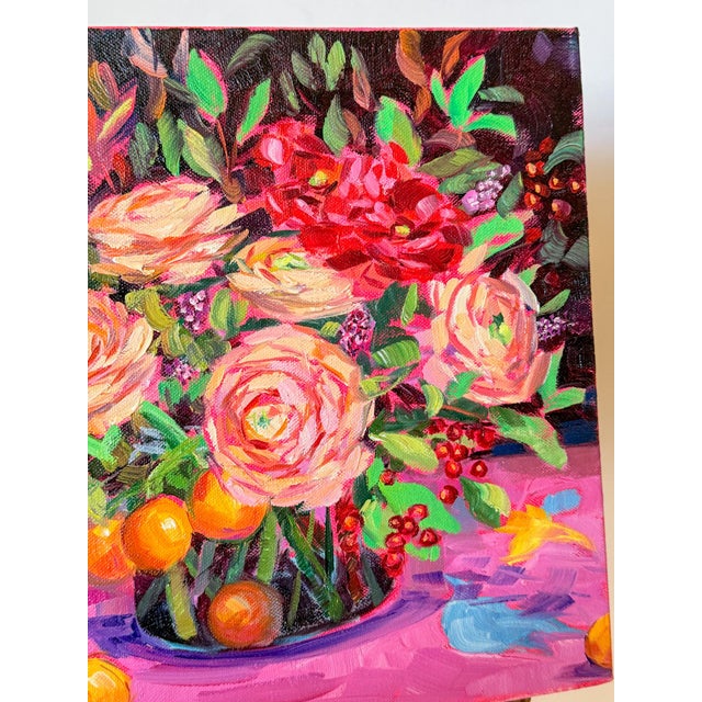 Pink Vibrant Oil Painting, Bouquet of Ranunculus and Oranges, Margaret Owen (20th Century) For Sale - Image 8 of 11