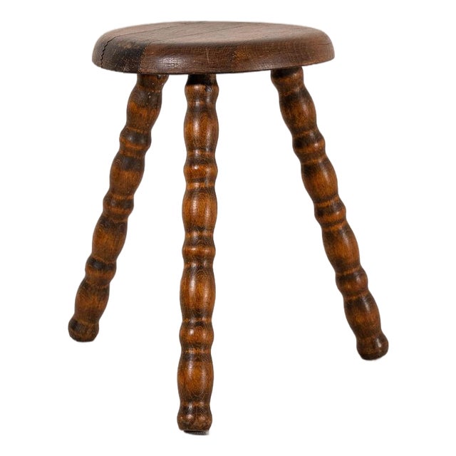 Vintage French Oak 3-Leg Bobbin Stool For Sale
