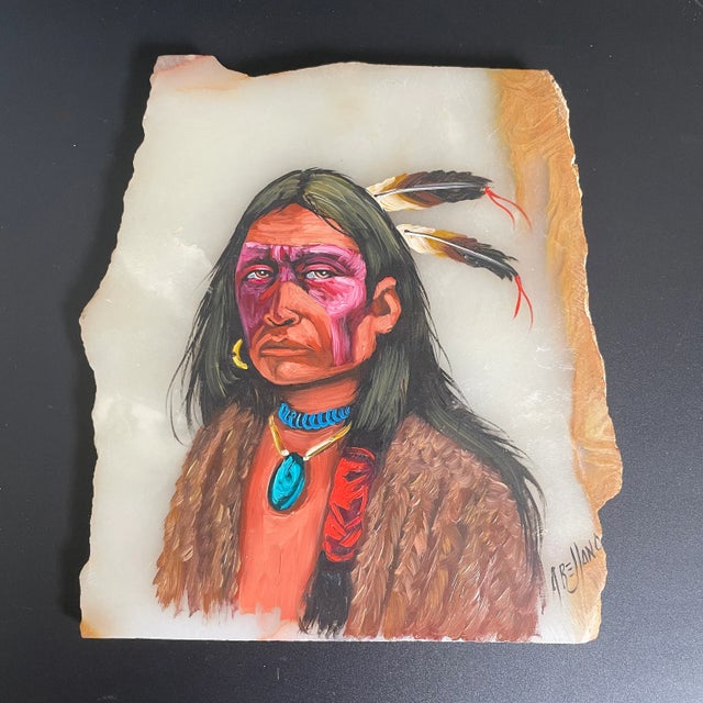 Native Indian Chief Portrait Oil Painting on Marble Slab #1 For Sale - Image 12 of 12