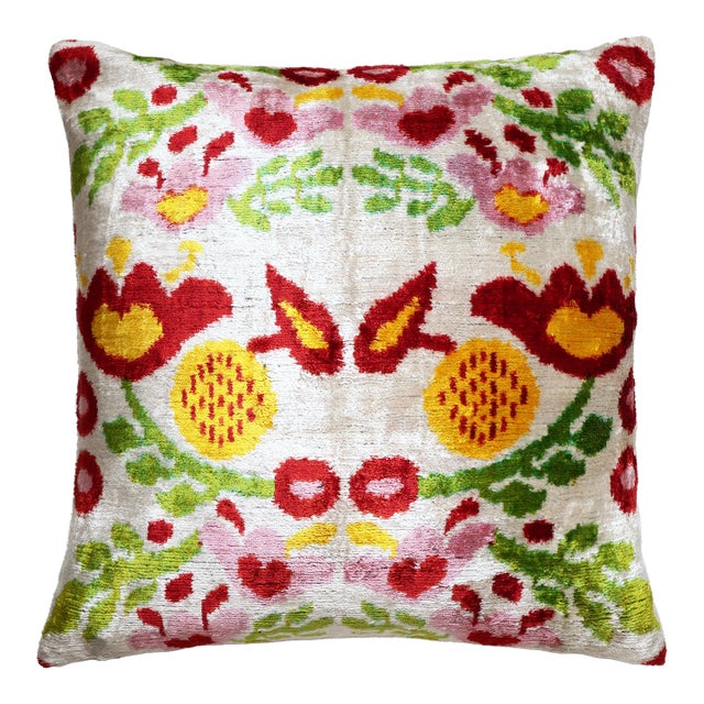 Hand-Knotted Silk Velvet Ikat Pillow - 16x16 Terracotta & Sage Medallion For Sale